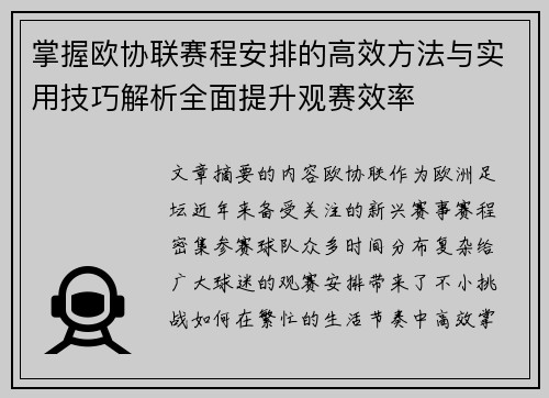 掌握欧协联赛程安排的高效方法与实用技巧解析全面提升观赛效率