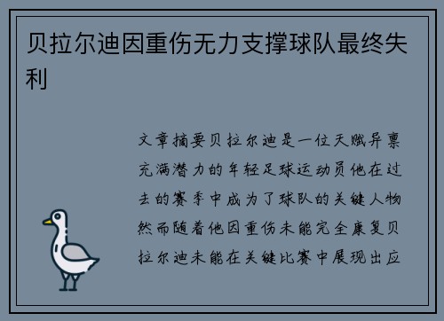 贝拉尔迪因重伤无力支撑球队最终失利 贝拉尔迪因重伤无力支撑球队最终失利
